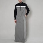 Men's Modern Two-Tone Arabic Thobe – Black & Grey Saudi Style Islamic Thobe - Image 5