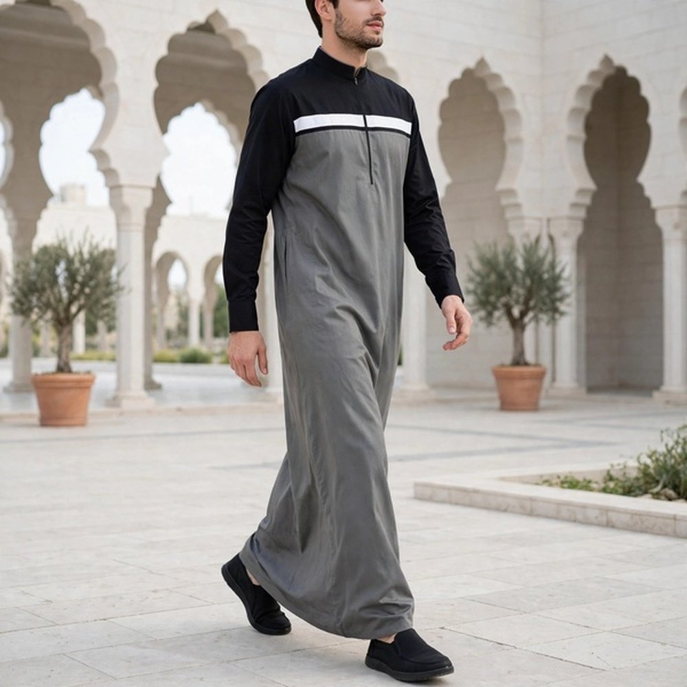 Grey 5 Men's Modern Two-Tone Arabic Thobe – Black & Grey Saudi Style Islamic Thobe - Image 1