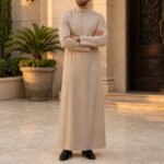 Beige Formal Saudi Style Thobe for Men – Traditional Arabic Islamic Long Sleeve Thobe - Image 5