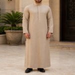 Beige Formal Saudi Style Thobe for Men – Traditional Arabic Islamic Long Sleeve Thobe