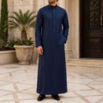 Navy Blue Formal Saudi Style Thobe for Men – Traditional Arabic Islamic Long Sleeve Thobe - Image 3