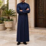 Navy Blue Formal Saudi Style Thobe for Men – Traditional Arabic Islamic Long Sleeve Thobe