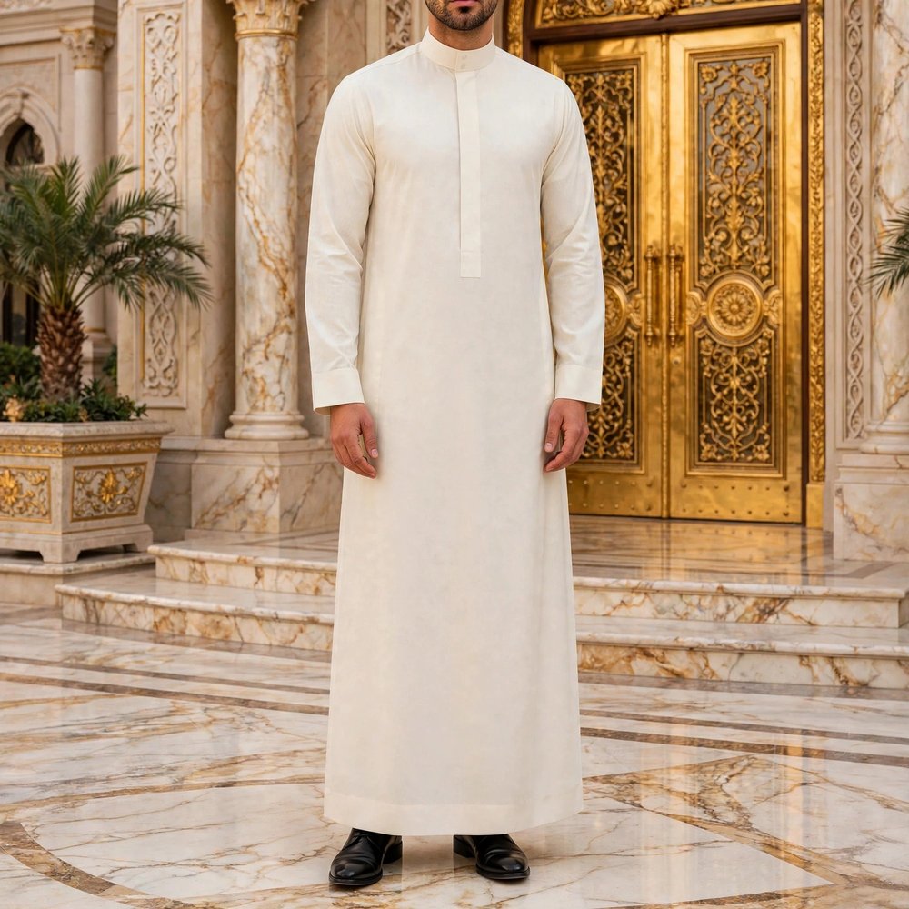 SAUDIOFW (2) Offwhite Formal Saudi Style Thobe for Men – Traditional Arabic Islamic Long Sleeve Thobe - Image 1
