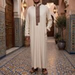 Al-Rijaal Designer Men's Thobe - Beige Designer Jubba with Brown Contrast Trim - Saudi Style - Full Length - Image 5