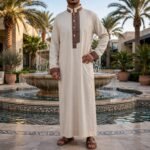 Al-Rijaal Designer Men's Thobe - Beige Designer Jubba with Brown Contrast Trim - Saudi Style - Full Length - Image 4