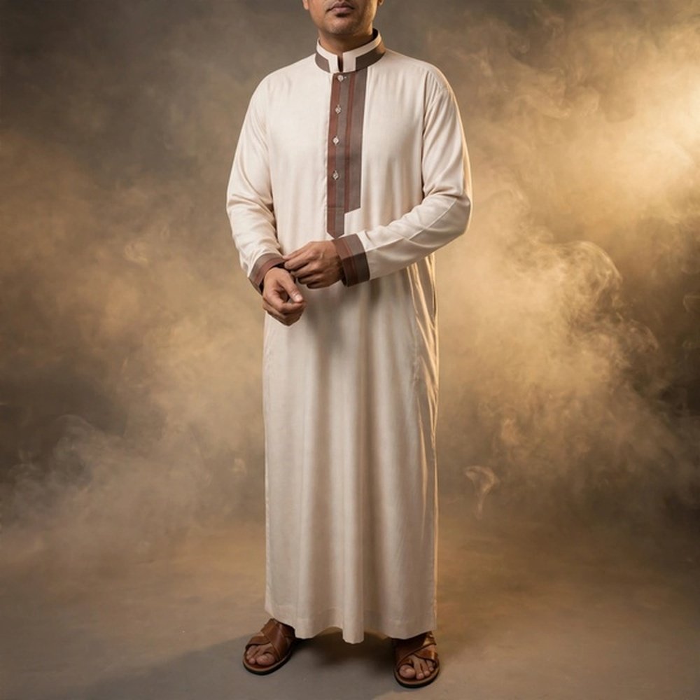 beige-brown Al-Rijaal Designer Men's Thobe - Beige Designer Jubba with Brown Contrast Trim - Saudi Style - Full Length - Image 1