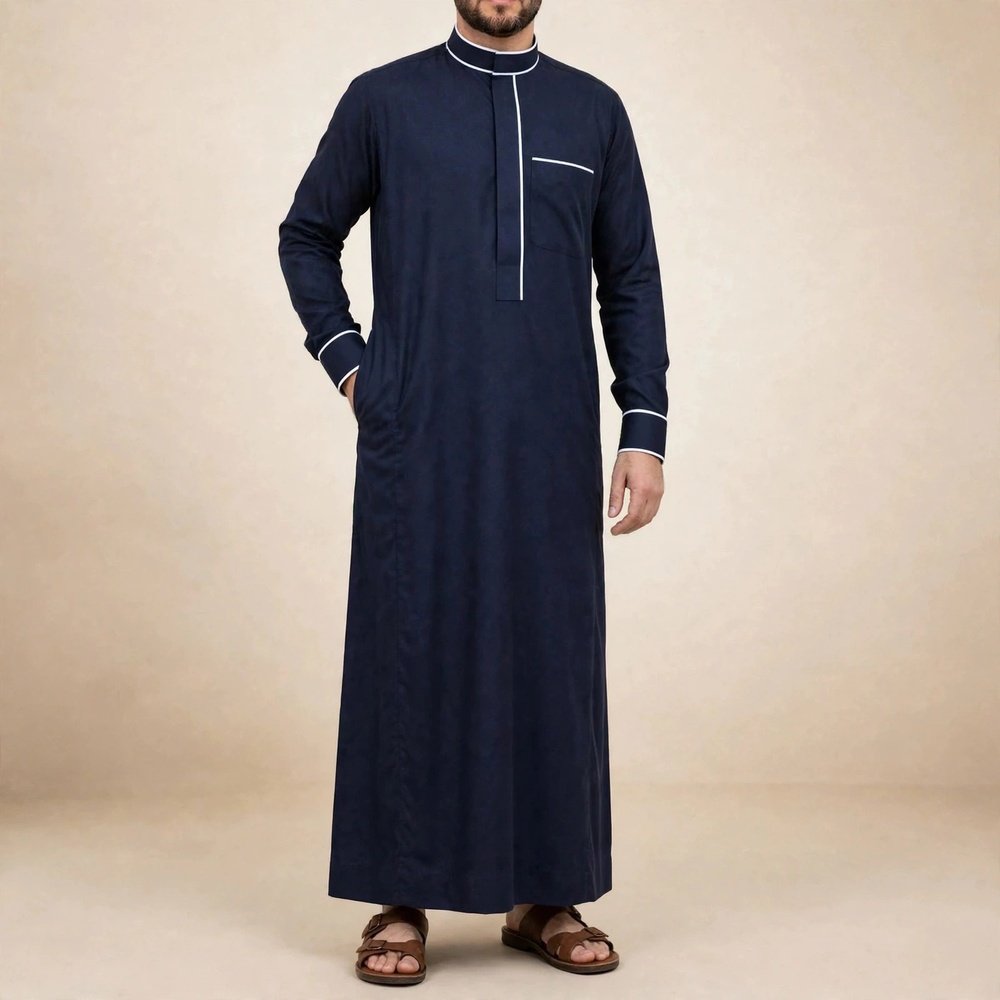 thobe_full_mouth_to_feet_1000 Black Designer Saudi Thobe for Men - White Piping | Al-Rijaal - Image 1
