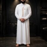 Al-Rijaal White Designer Thobe for Men | Beige Contrast Arabic Jubba