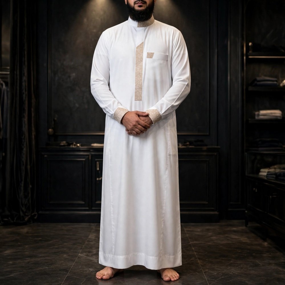 Al-Rijaal_White_Designer_Thobe_for_Men_Beige_ Contrast_Arabic_Jubba_a Al-Rijaal White Designer Thobe for Men | Beige Contrast Arabic Jubba - Image 1