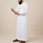 Al-Rijaal White Designer Thobe for Men | Beige Contrast Arabic Jubba - Image 2