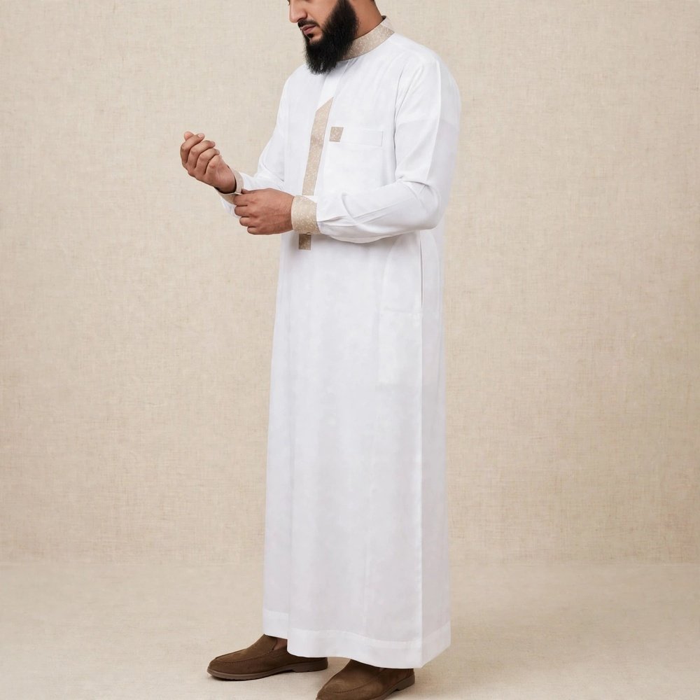Al-Rijaal White Designer Thobe for Men | Beige Contrast Arabic Jubba - Image 2