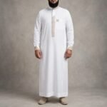 Al-Rijaal White Designer Thobe for Men | Beige Contrast Arabic Jubba - Image 3