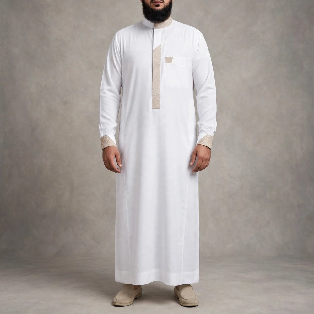 Al-Rijaal White Designer Thobe for Men | Beige Contrast Arabic Jubba - Image 3