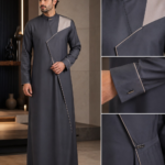 PRARL01 Premium Slate Grey Designer Thobe for Men - Modern Asymmetric Jubba with Taupe Panel and Metal Bar Detail - Luxury Saudi Style Thobe