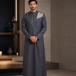 PRARL01 Premium Slate Grey Designer Thobe for Men - Modern Asymmetric Jubba with Taupe Panel and Metal Bar Detail - Luxury Saudi Style Thobe