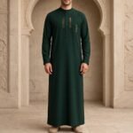 Men's Bottle Green Embroidered Saudi Thobe - Gold Work Arabic Thobe for Men - Image 2