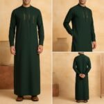 Men's Bottle Green Embroidered Saudi Thobe - Gold Work Arabic Thobe for Men - Image 3