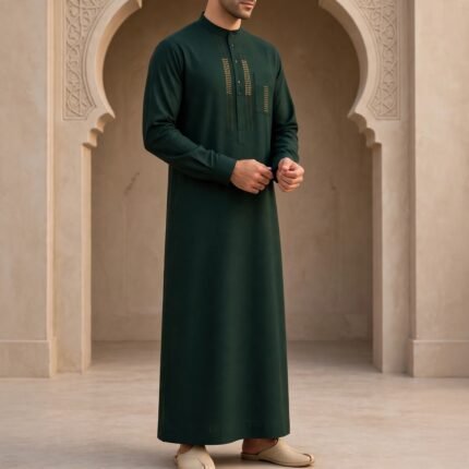alt="Bottle Green Saudi Thobe for Men with Golden Embroidery - Designer Arabic Thobe"
