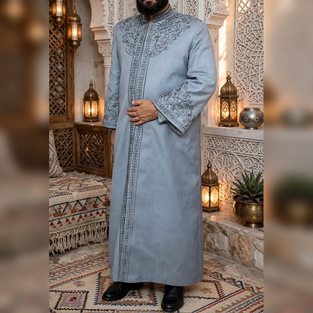 azhari_grey_embroidererd_02 Al-Rijaal Light Grey Embroidered Azhari Thobe | Designer Imam Jubba for Men - Image 1