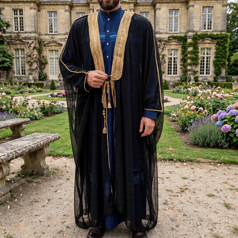 black_royal_bisht_a Al-Rijaal Black Royal Bisht | Gold Embroidered Arabic Cloak for Men - Image 1