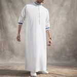 Al-Rijaal White Thobe Blue Contrast | Designer Zipper Jubba for Men - Image 3