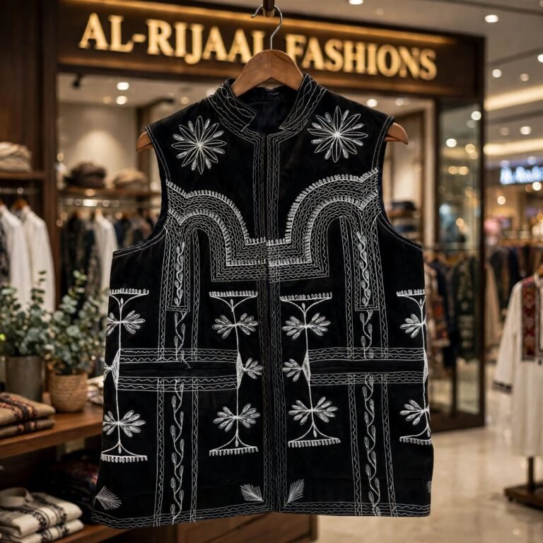 Balochi Bogti waistcoat front black white embroidery 1000x1000