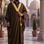Al-Rijaal Brown Formal Bisht | Golden Lace Arabic Cloak for Men