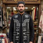 Balochi Bogti waistcoat front black white embroidery 1000x1000