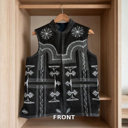 Balochi Bogti waistcoat front black white embroidery 1000x1000