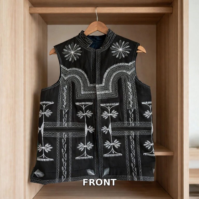 Balochi Bogti waistcoat front black white embroidery 1000x1000