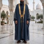 Al-Rijaal Grey Formal Bisht | Golden Lace Arabic Cloak for Men