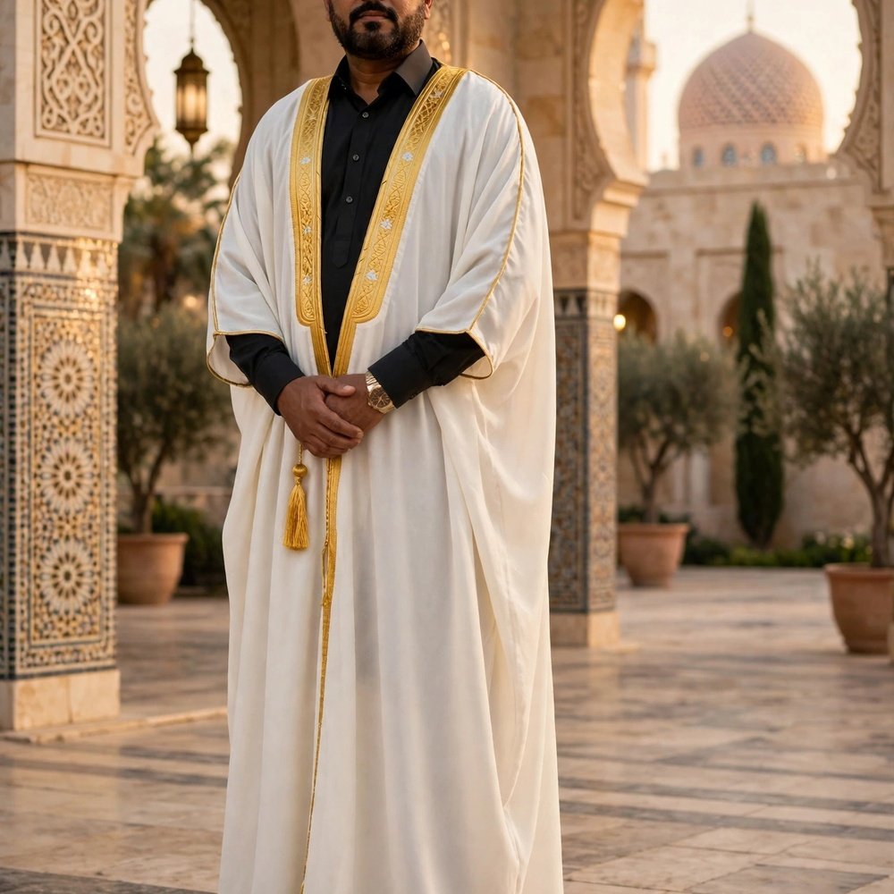 off_white_bisht_lace_01a Al-Rijaal Off-White Formal Bisht | Golden Lace Arabic Cloak for Men - Image 1
