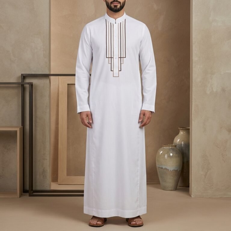 Front view of Men's White Embroidered Saudi Thobe with Brown and Beige Geometric Line Work - THOBE092 by Al-Rijaal Fashions