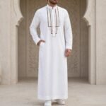 Men's White Saudi Thobe with Brown Line Embroidery - THOBE092 | Al-Rijaal Fashions - Image 3