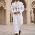 Men's White Saudi Thobe with Brown Line Embroidery - THOBE092 | Al-Rijaal Fashions - Image 2